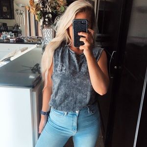 Gray pink and yellow neon rusty logo muscle tank top